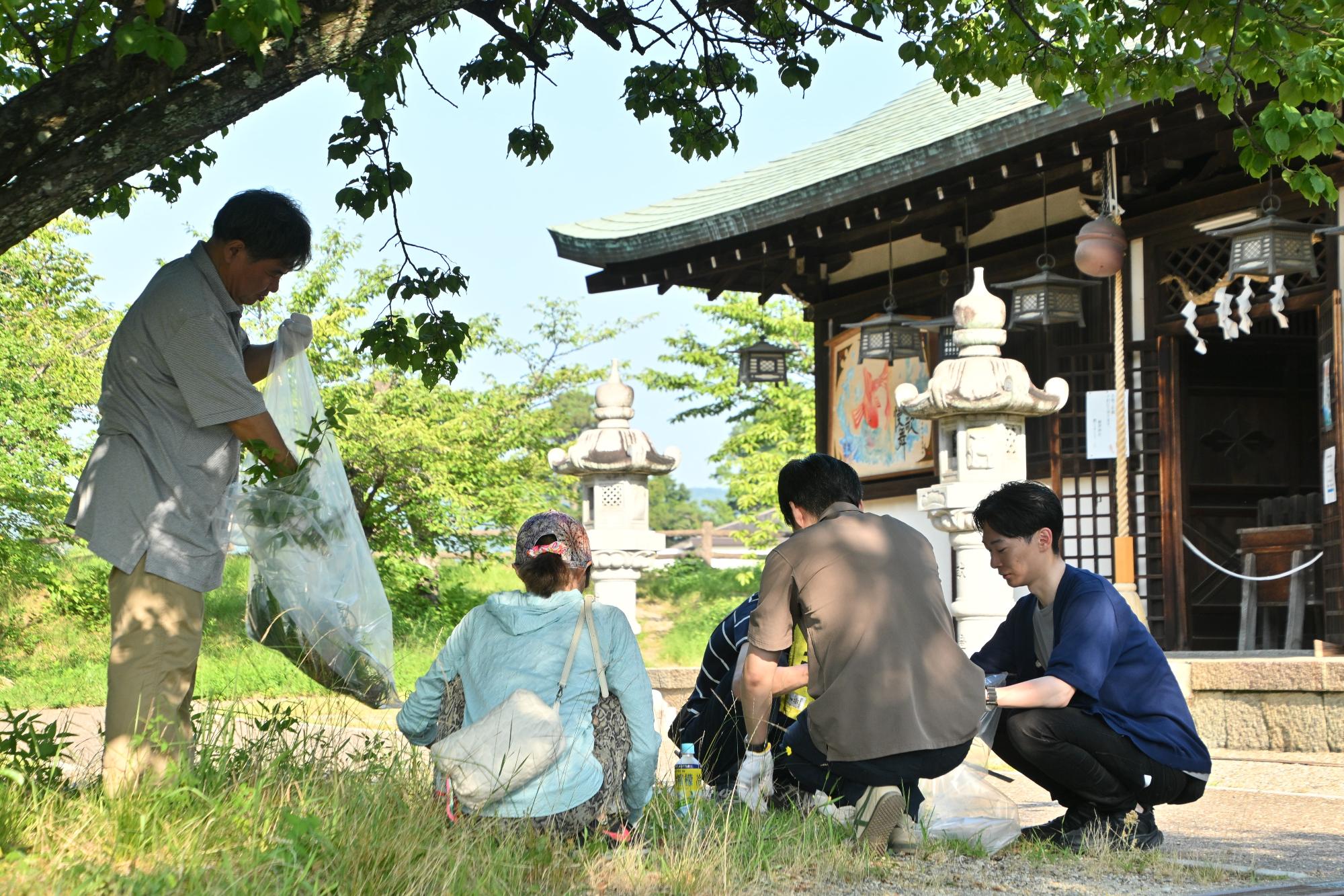 郡山城跡「桜」保存会 城内一斉清掃で除草作業をする人たち