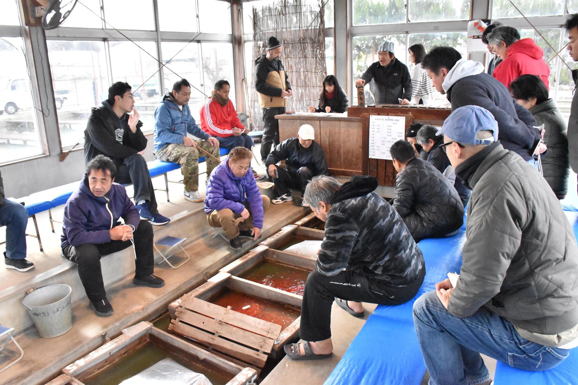 金魚の初せりの様子