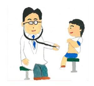 医者が男の子を聴診器で診察しているイラスト