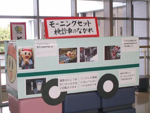 検診車のデザインが施された、モーニングセット検診車のながれの解説展示の写真