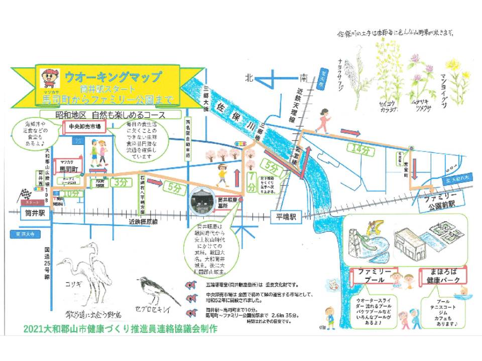 筒井駅スタートのウォーキングマップ