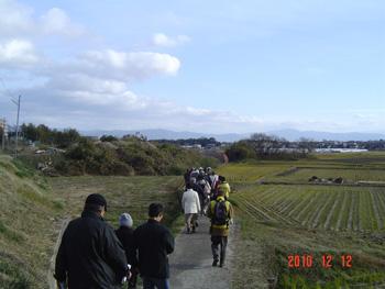 田畑の真ん中の道を歩く人たちの写真