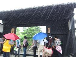 雨が振っている永慶寺前で傘をさす参加者の写真