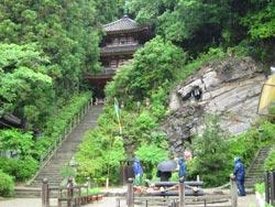 木々に囲まれたお寺に続く階段の写真
