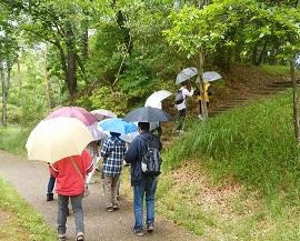傘をさして遊歩道を歩く人々の写真