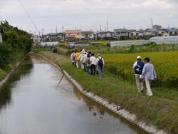 田んぼと用水路の間の道を歩く人々の写真
