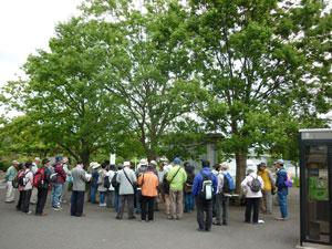 木々が豊かなファミリー公園前駅に集まるウォーキング参加者たちの写真