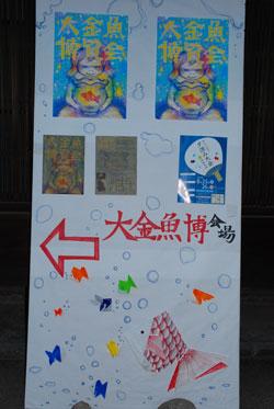 大金魚博会場と書かれた手書きの看板の写真