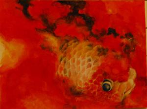 背景が赤く白い金魚が描かれた絵の写真