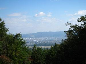 山の木立の間から望む遠くの山並みと街の景色の写真