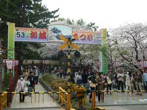 踏切の向こうにあるお城まつりのゲートをくぐる人々の賑わいと、会場に咲いている桜の写真