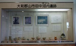 ガラスケースに入れられた、土器など沢山の田中垣内遺跡概要の資料の写真