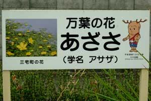 中央に「三宅町の花あさざ」と書かれており、左には黄色い花、右にはシカのマスコットキャラクターがいる写真