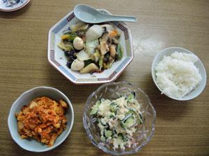 八宝菜とご飯、副食が2品ある写真