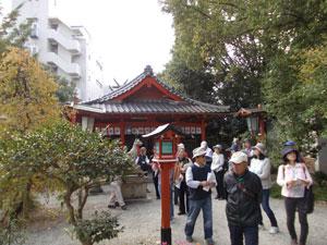 木立と神社の境内を歩く人々の写真