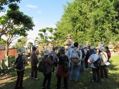 鎌倉墓の周りに人が集まって、ウォーキングの案内人の説明を聞いている写真