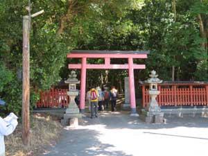 2つの石灯篭に挟まれた白坂神社の朱色の鳥居の写真