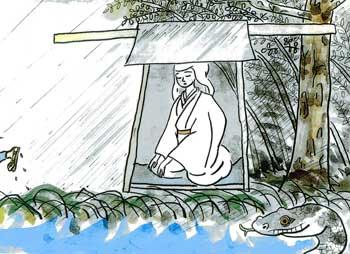 雨が降る水辺の竹林で水面から現れた大蛇に驚いて逃げ去る人足の足先と、置いて行かれた旅籠に乗ったままの白い花嫁装束の女性を描いた紙芝居のイラスト