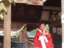 神社の拝殿の中で、顔に白粉を塗り頭を縦長のお団子状に結って紅い髪飾りを付け朱色と白の和モダン風の装束を纏っている女性を正面から写した写真