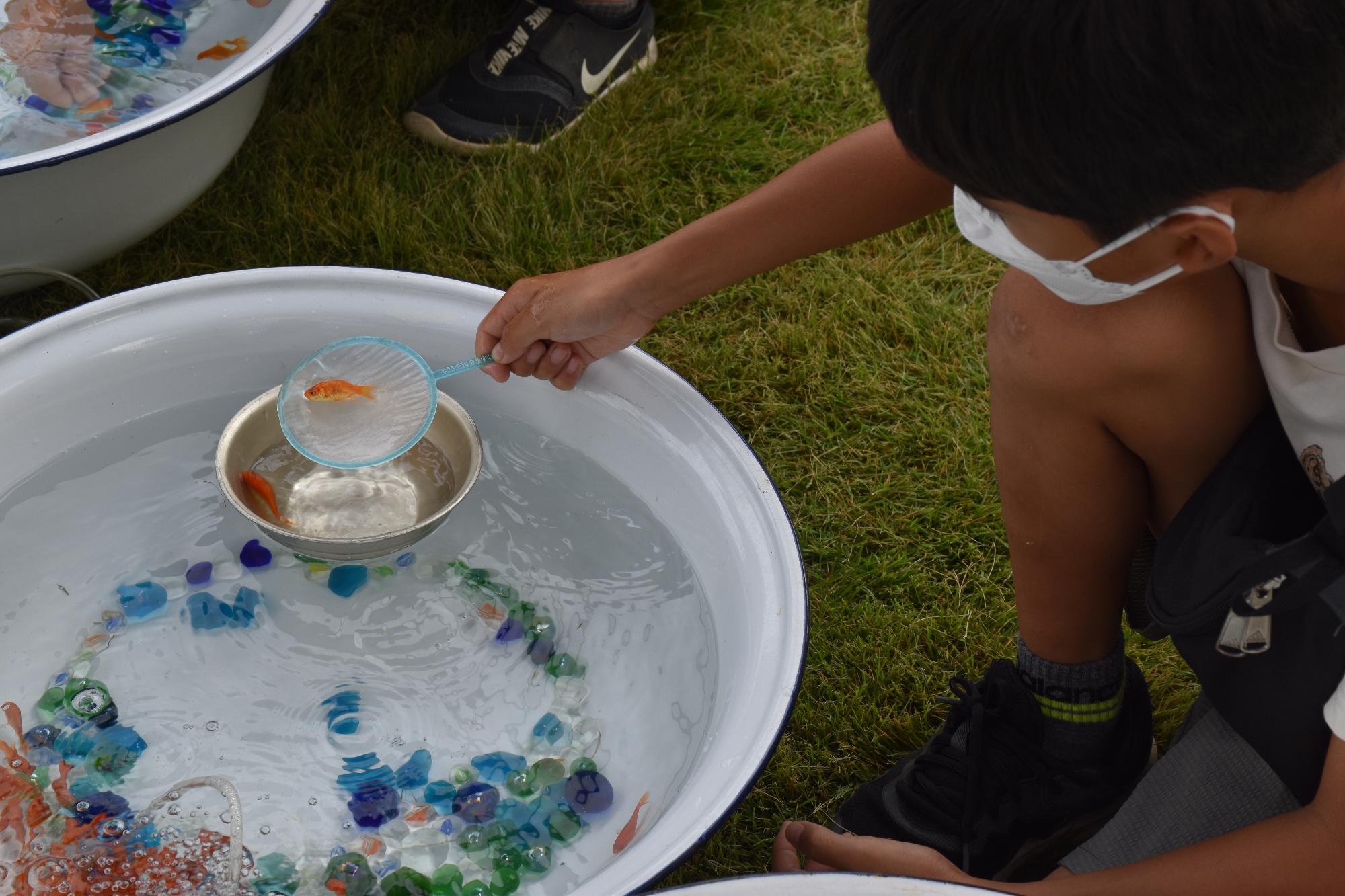 金魚すくいをする小学生