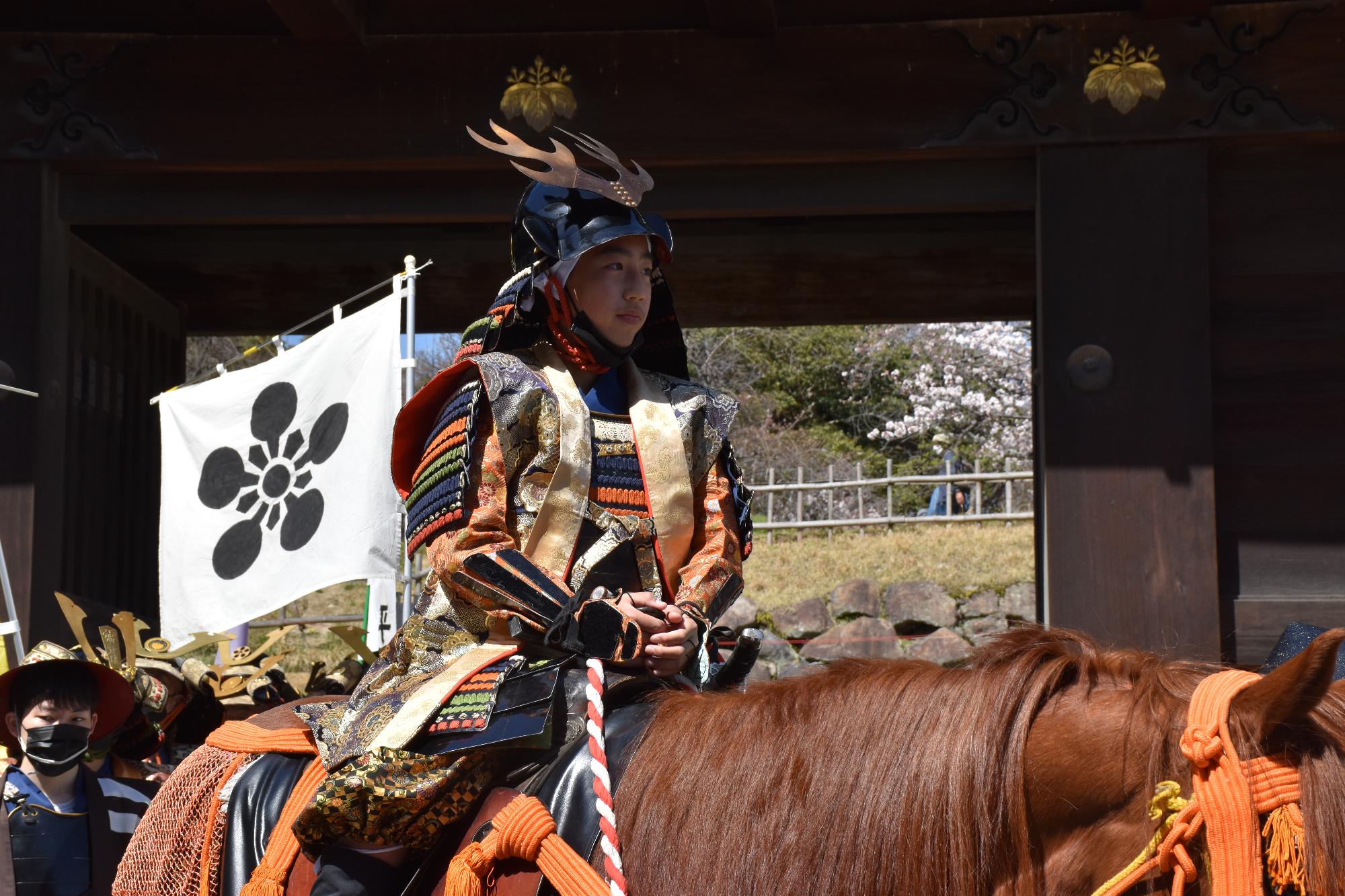 中学生が豊臣秀長に扮し、馬に乗り追手門を出る様子