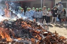 緑色の帽子を被った幼稚園児たちがサツマイモを焼いている炎を眺めている写真