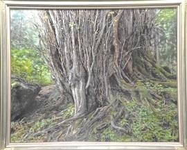 カツラの木が大地に根を張っている様子が描かれた絵