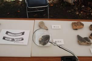机の上に並べられた発掘品の数々品と、アームがついている固定式ルーぺが置いてある写真