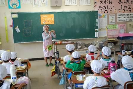 教室の黒板の前で身振り手振りをするピンク色のエプロンを着た女性と女性の方を向き机に着席する白い帽子とかっぽう着姿の男女の子どもたちの写真