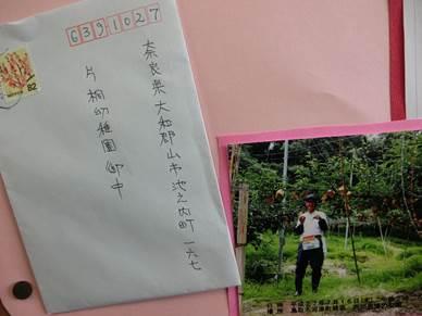 ピンク色の紙の上にある片桐幼稚園の郵便番号と住所と片桐幼稚園御中と書かれた白い封筒と梨の果実をつけた木々の前に立つ男性の写真