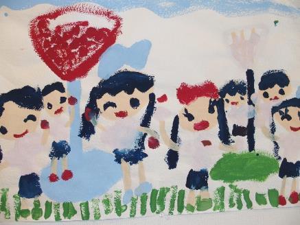 沢山の子供たちが紅組と白組に分かれて、玉入れをしている様子を描いた写真