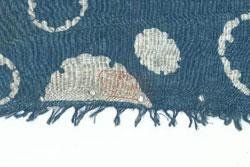 青色の丸の模様が描かれ下側が毛先が出ている布の写真