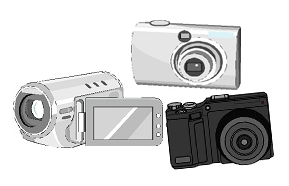 上にシルバーのコンパクトデジタルカメラ、左下にシルバーのハンディビデオカメラ、右下に黒の一眼レフフィルムカメラの3つが並んで表示されているイラスト