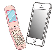 左にピンク色の折り畳み式携帯電話、右に白いスマートフォンが並んで表示されているイラスト