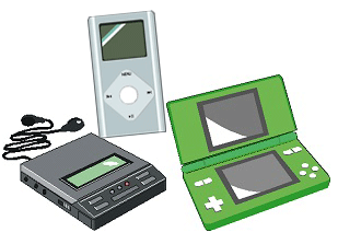 上にシルバーの携帯音楽プレーヤー、左下に黒のCDプレーヤー、右下に緑色の携帯型ゲーム機の3つが並んで表示されているイラスト