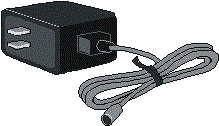 黒く四角い本体から細く束ねられた電源コードが伸びるACアダプタのイラスト