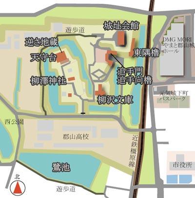 大和郡山城跡の敷地と各みどころを示した地図