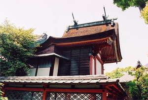 桧皮葺の屋根をもつ八幡神社本殿を見上げた写真