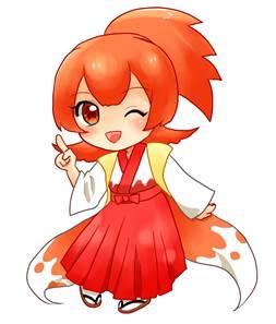 オレンジ色の髪をした、赤い袴を着たアレイちゃんのイラスト