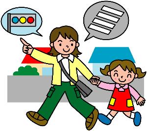 子どもの手を引いて横断歩道を渡る人のイラスト