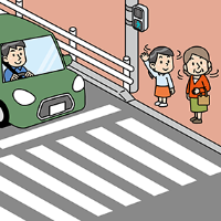 横断歩道で左右確認する子どもと大人、信号待ちの車のイラスト