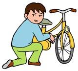 停めてある自転車を奪おうとしゃがみこんで悪い笑みを浮かべている男性のイラスト