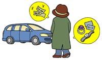 現金や高価なものを求めて車に近寄る帽子コート姿の不審な人物のイラスト