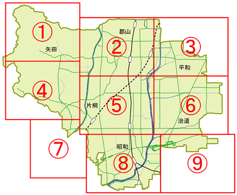 水害マップ1～9の枠組みが描かれた地図